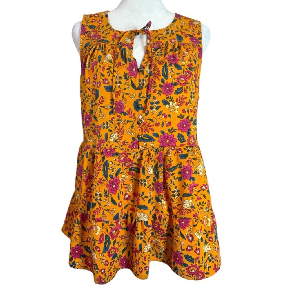 W5 Boho Floral Tiered Keyhole Tie-Neck Vacation Resort Summer Blouse